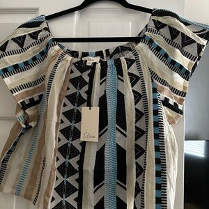 Elan Women's Tribal Print Blouse - Blue, Black, Tan